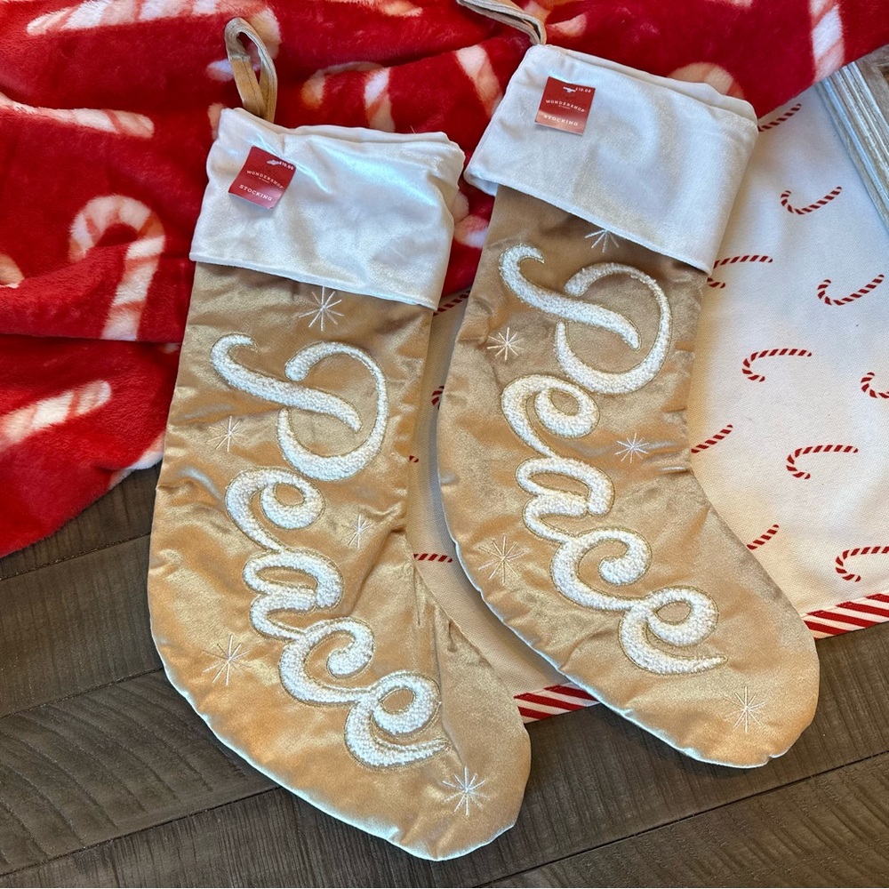 Target Wondershop Gold and Cream Velvet Holiday Stockings with Sherpa ‘Peace’ x2